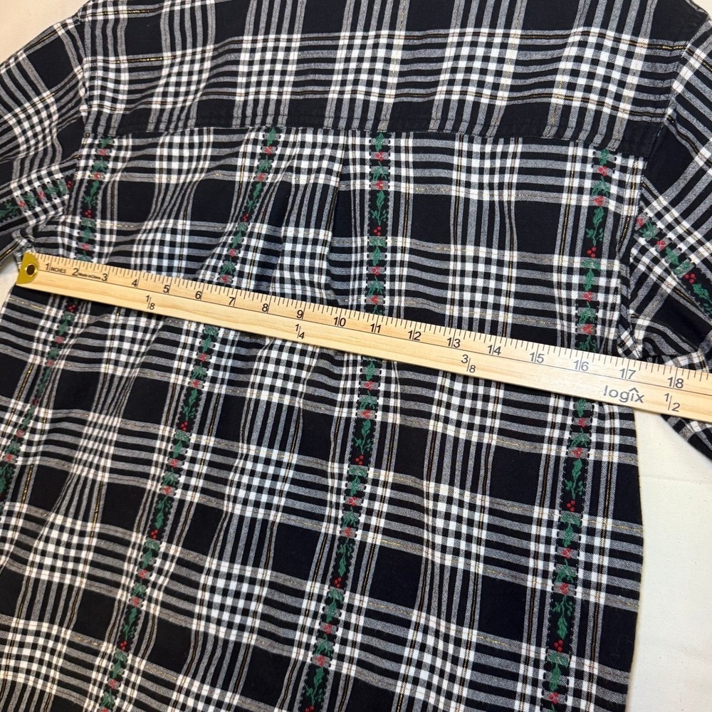 Vintage Basic Editions Holiday Plaid Shirt Velvet Collar Holly Embroidery M - Picture 5 of 7